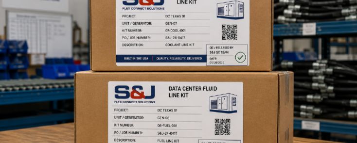Labeled S&J data center fluid line kit boxes